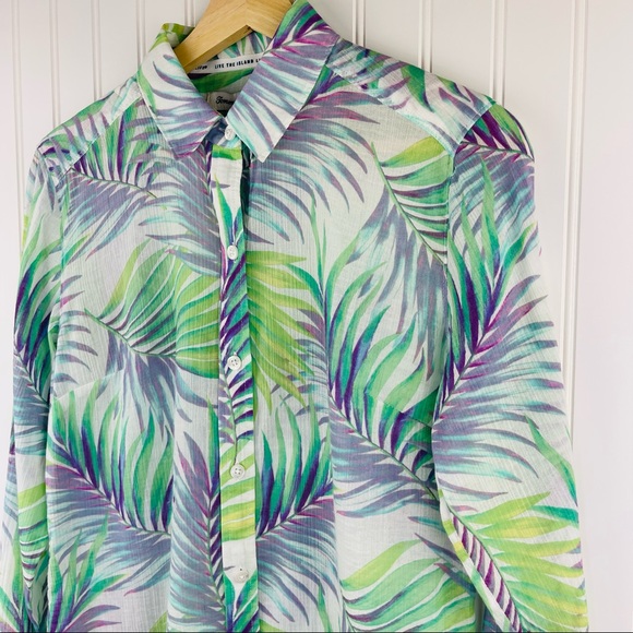 Tommy Bahama Tropical Cotton Long Sleeve Sheer Top Green Purple - Picture 2 of 8